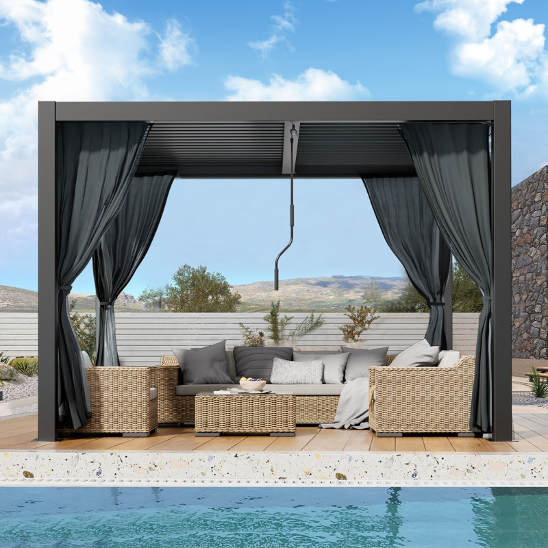 Aluminum Louvered Pergola with Adjustable Roof and Curtains, 10 ft. W x 10 ft. D