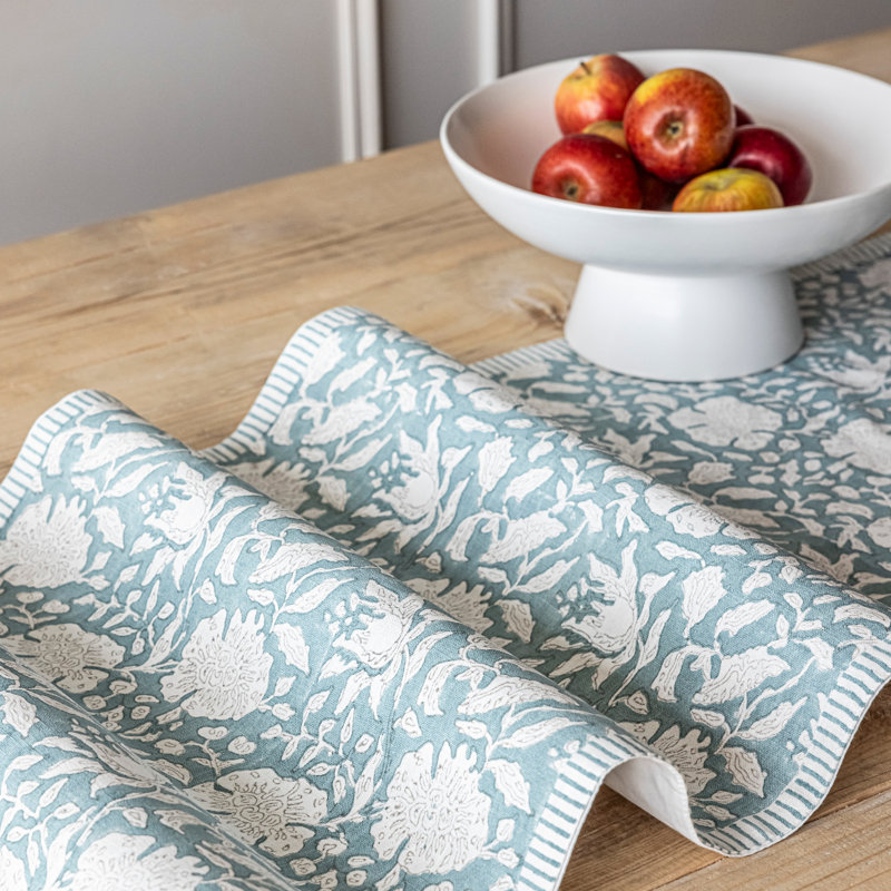 over&back Hand-Blocked Printed Cotton Table Runner, 18" W x 108" L, Blue Floral