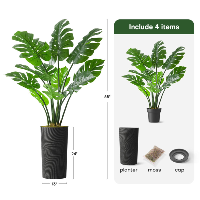 Arbre artificiel dans un pot de fleurs moderne, décoration d'arbre en soie artificielle Monstera (pot et arbre), H 65 po
