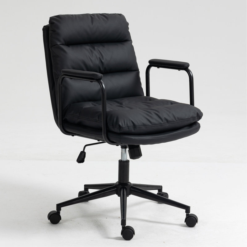 Office Chair,Mid Back Home Office Desk Task Chair With Wheels And Arms Ergonomic PU Leather Computer Rolling Swivel Chair With Padded Armrest,The Back Of The Chair Can Recline 40° (Black)