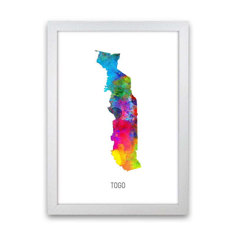 Togo Watercolour Map by Michael Tompsett - Print, 34cm H x 25cm W x 3cm D, White Framed