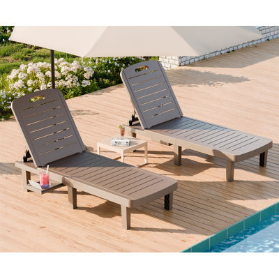 Oversized 74'' Long Resin Lounge Chairs With 5-Level Adjustable Backrest and Cup Holder For Poolside, Patio, Beach, Yard (2PC)