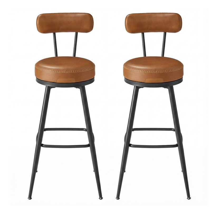 Tabourets Angelleah avec dossier, cuir synthétique, Brun, Tabouret de bar (siège d'une hauteur de 30 po) 