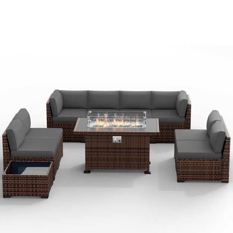 Bhairavi Wicker - Person Modular Patio Conversation Set with Cushions, Gray, 8
