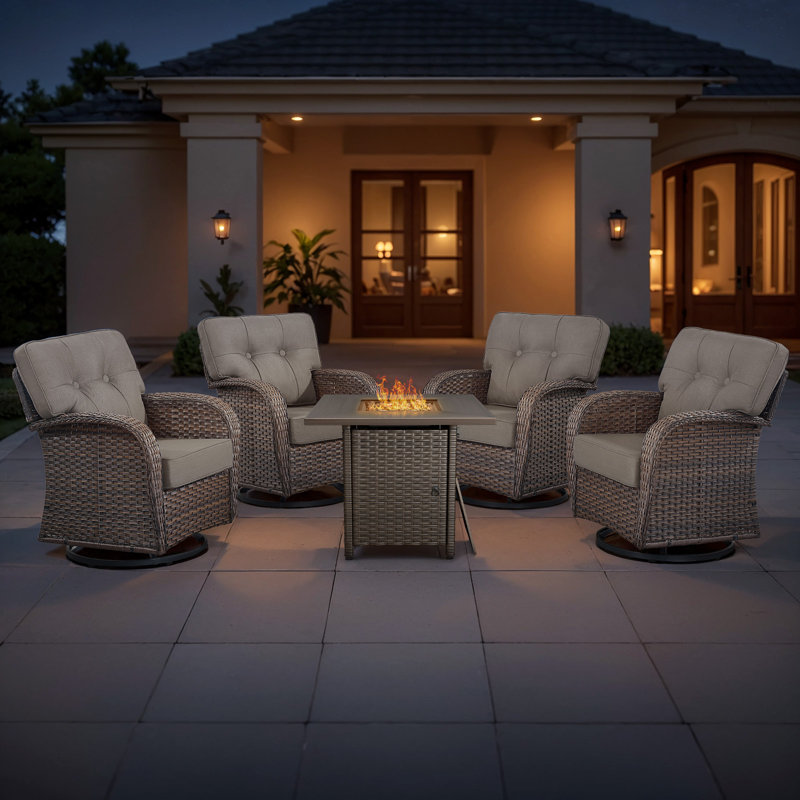 Agnes All-Weather Rattan Outdoor T-Back Cushions Conversation Set With Swivel Chairs And Fire Pit (Set Of 4), Gray