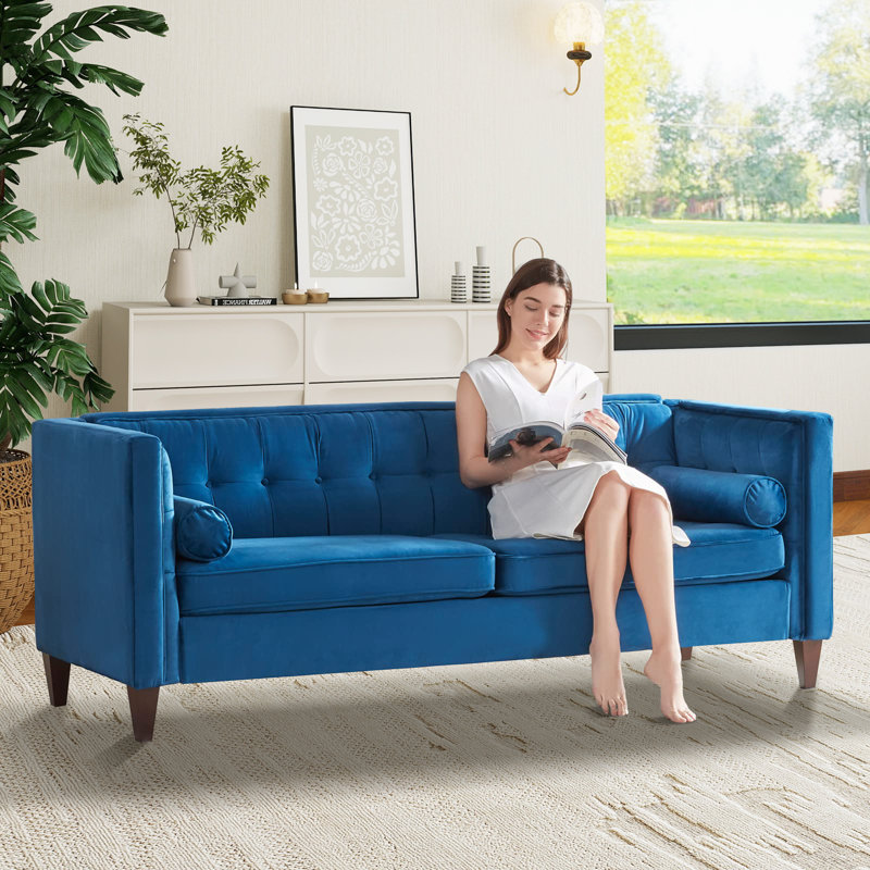 Canapé capitonné Chelsea, Velours bleu, Structure en bois