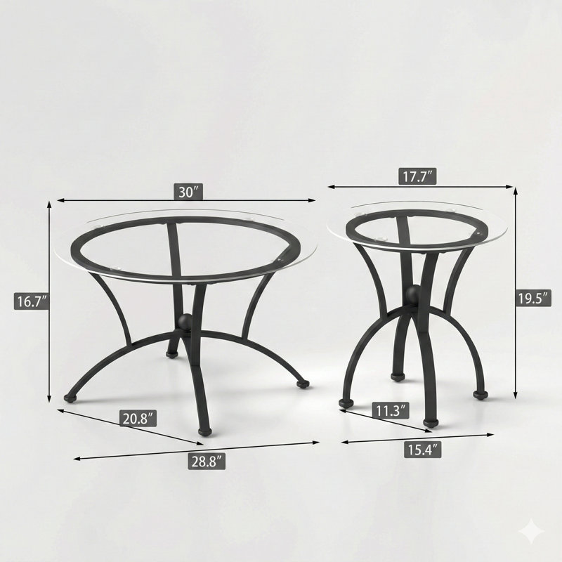 Ensemble de tables basses trois pièces avec surfaces en verre trempé, tables basses rondes décoratives et tables d'appoint robustes pour le salon (finition noire rustique)