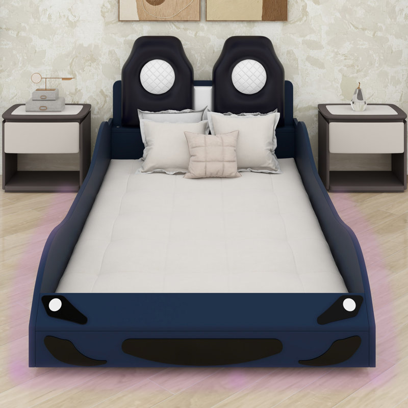 Platform Bed with Comfortable Upholstered Backrest, Blue