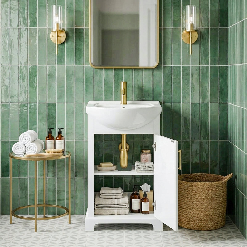 Meuble-lavabo simple autoportant de style campagnard français de 51 cm de large avec lavabo en céramique bombée et tablette de rangement
