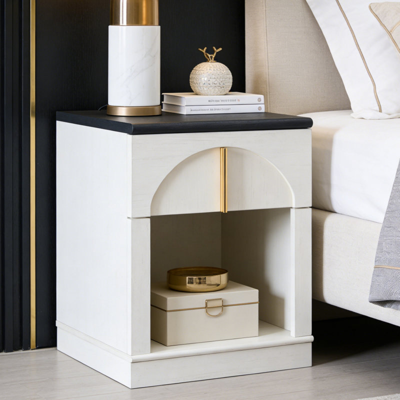 18"W Modern Arched Nightstand with Charging Station, Bedside Table with Drawer and Open Shelf, White, Individual