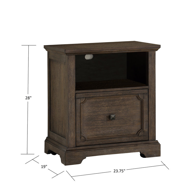 Classeur rustique rustique de style transitionnel avec finition chêne foncé, tiroir et tablette pour faciliter le déplacement.