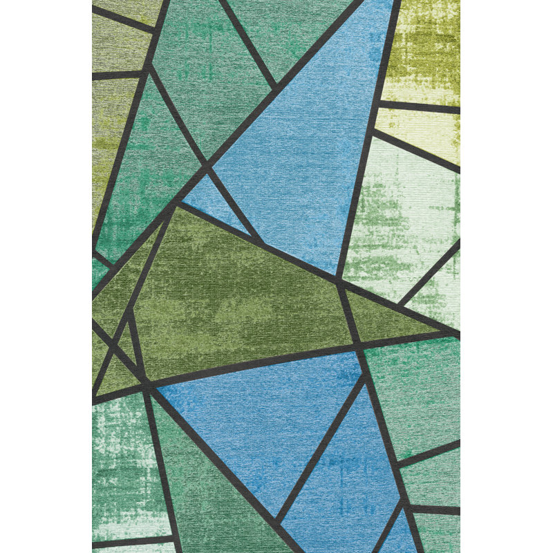 Tapis décoratif à motif géométrique triangulaire bleu-vert, Rectangle 5 pi 1,02 po x 7 pi 6,55 po