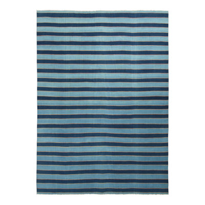 Vintage Dhurrie Rug, Navy And Sky Blue Stripes - Rug & Kilim
