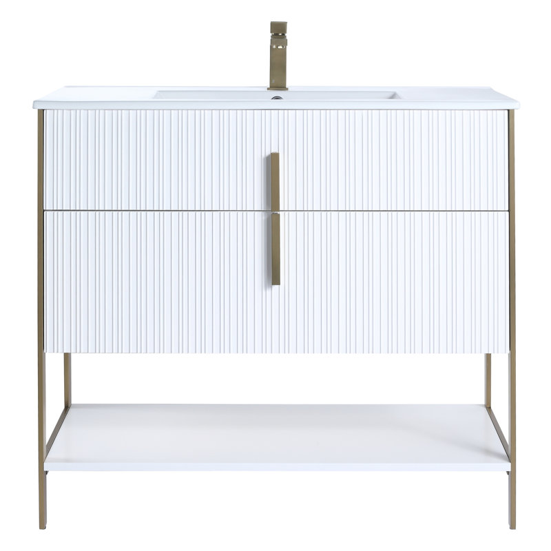  Meuble-lavabo moderne avec plateau en céramique blanche Serenity, Blanc mat / laiton, 36"