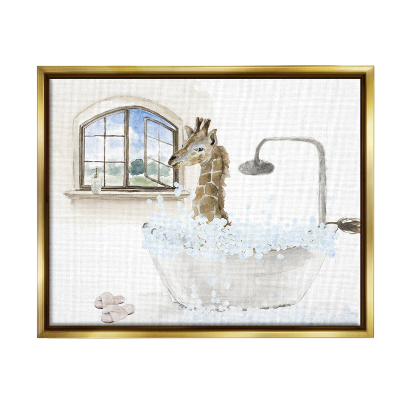 Girafe, bain moussant, scène - impression, H 17 po x l 21 po x P 1,7 po, Cadre flottant métallique doré