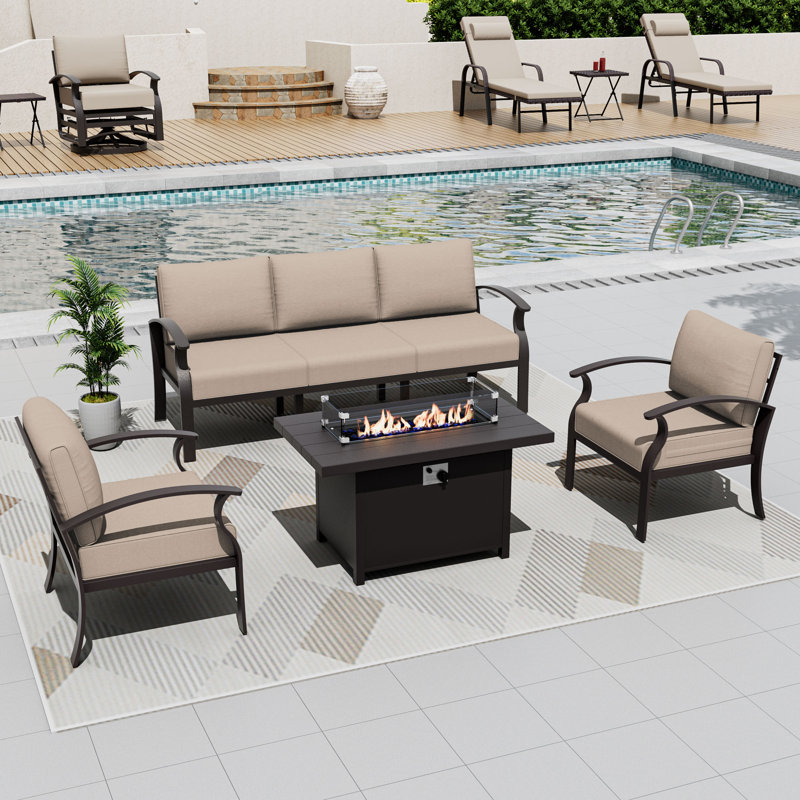 Outdoor Patio Aluminum 5-Person Conversation Set With LP Fire Pit Table&Glass Guard, Tan