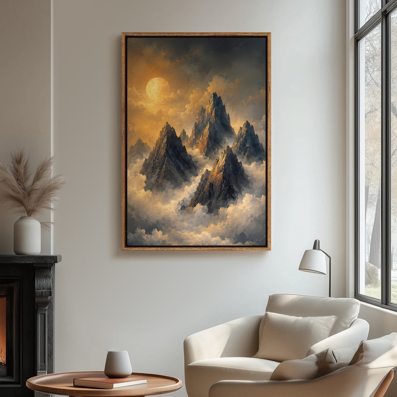 Art mural sur toile encadrée - Coucher de soleil doré spectaculaire sur des sommets de montagnes dentelées - 16 po x 24 po, 24 po x 36 po