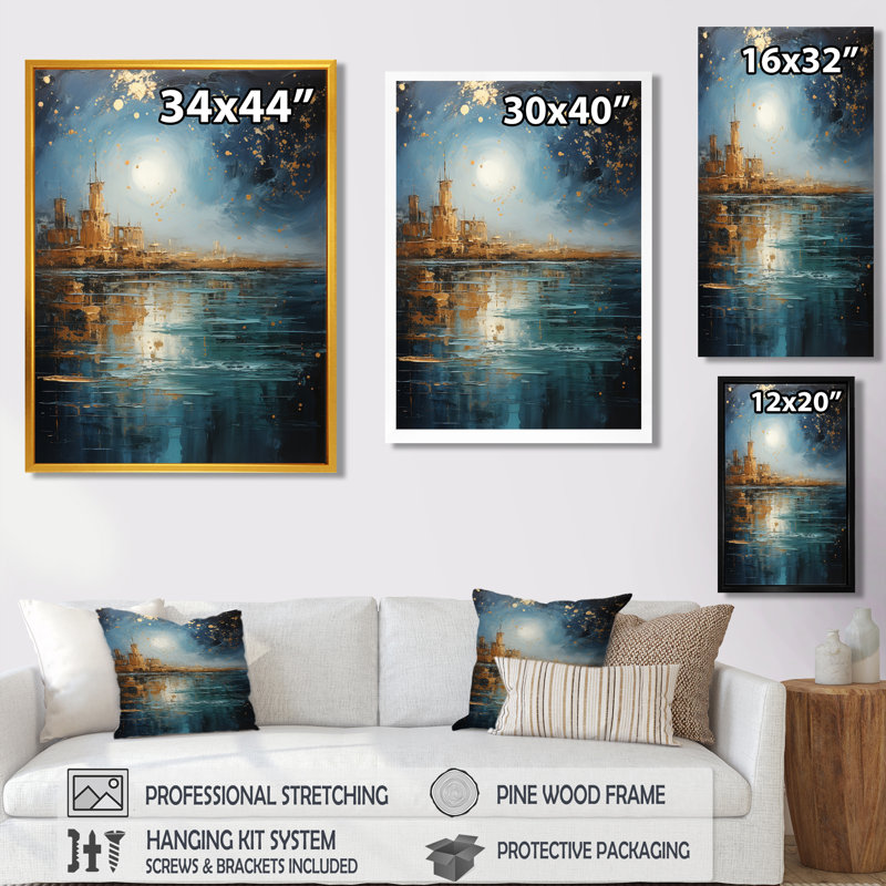 Eastern Golden City, pleine lune, océan, salon d'art mural, Toile avec cadre flottant noir, H 20 po x l 12 po x P 1 po