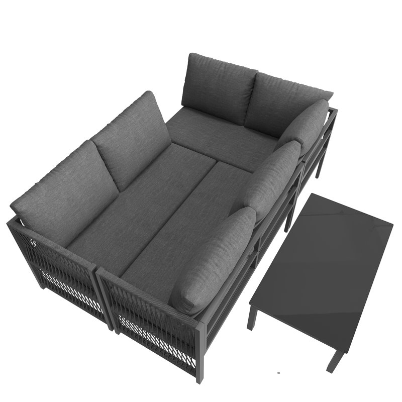5-6 Seat Modular Outdoor Sofa Set With Glass Table & Polyester Rope