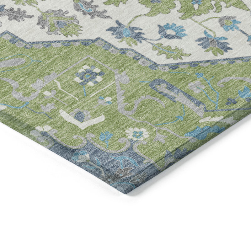 3' X 5' Artichoke Green Blue And Ivory Oriental Washable Indoor Outdoor Area Rug