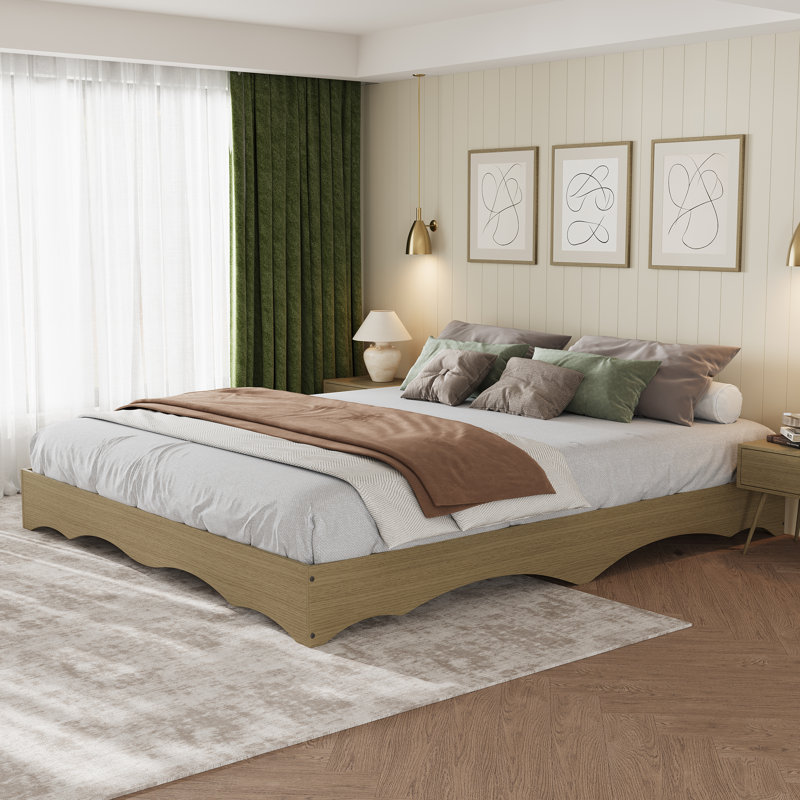 Structure de lit plateforme très grand en bois avec conception à bords ondulés et support de lattes robuste, sommier sans bruit pour les chambres à coucher modernes