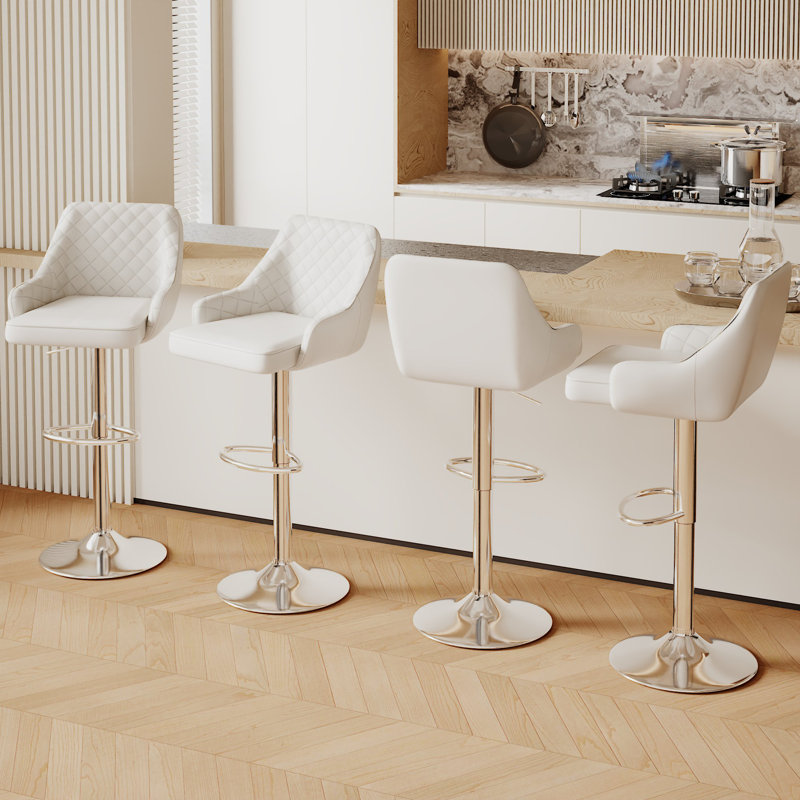 Aryelle Bar Stools Set of 4, Adjustable Counter Height Stools with Back and Arm, Modern Swivel Bar Chairs with Footrest, Upholstered PU Leather Kitchen Island Stools, White