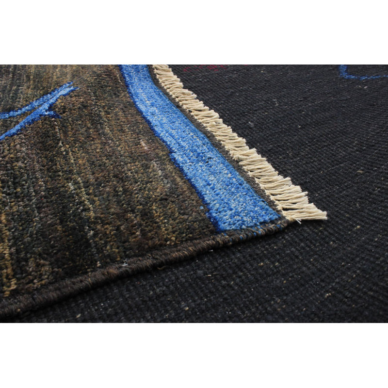 Tapis unique en laine noué à la main noir / bleu / rose 6 pi 7 po x 9 pi années 2010 Anell