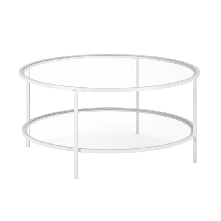 Saskya 36" Glass And Steel Round Coffee Table With Shelf