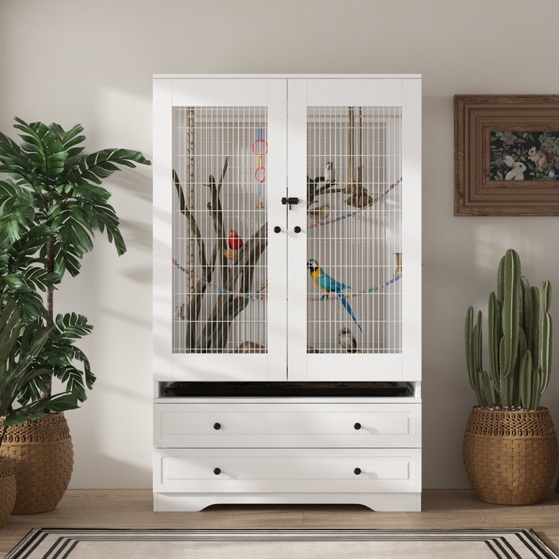 White Large Floor Bird Cage with Removable Tray, Gridded Base, and Storage Drawers