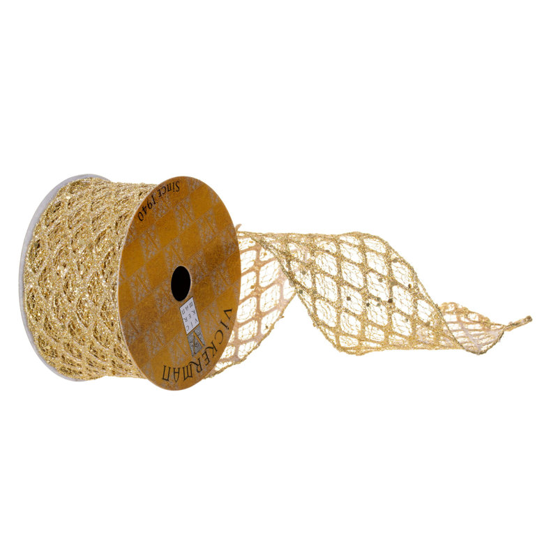 Vickerman 10 Yard Glitter Sequin Net Wired Ribbon., Gold, 0.13" H x 360" W x 2.5" D