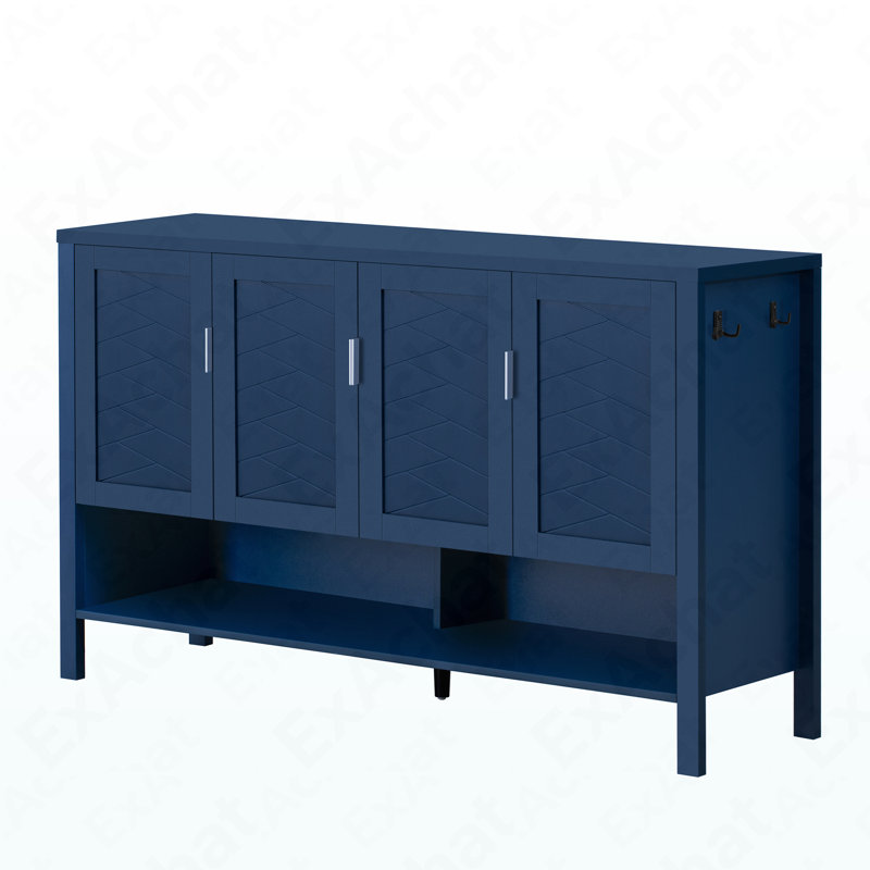 Buffet de rangement 55,1 po à 4 portes - Tablettes réglables et crochets doubles pour multi-scène, Marine