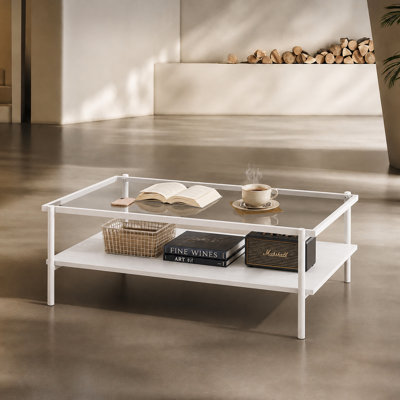 Table basse à plateau en verre, grande capacité, 2 niveaux et tablette ouverte, 97,5 cm (38,39 po)