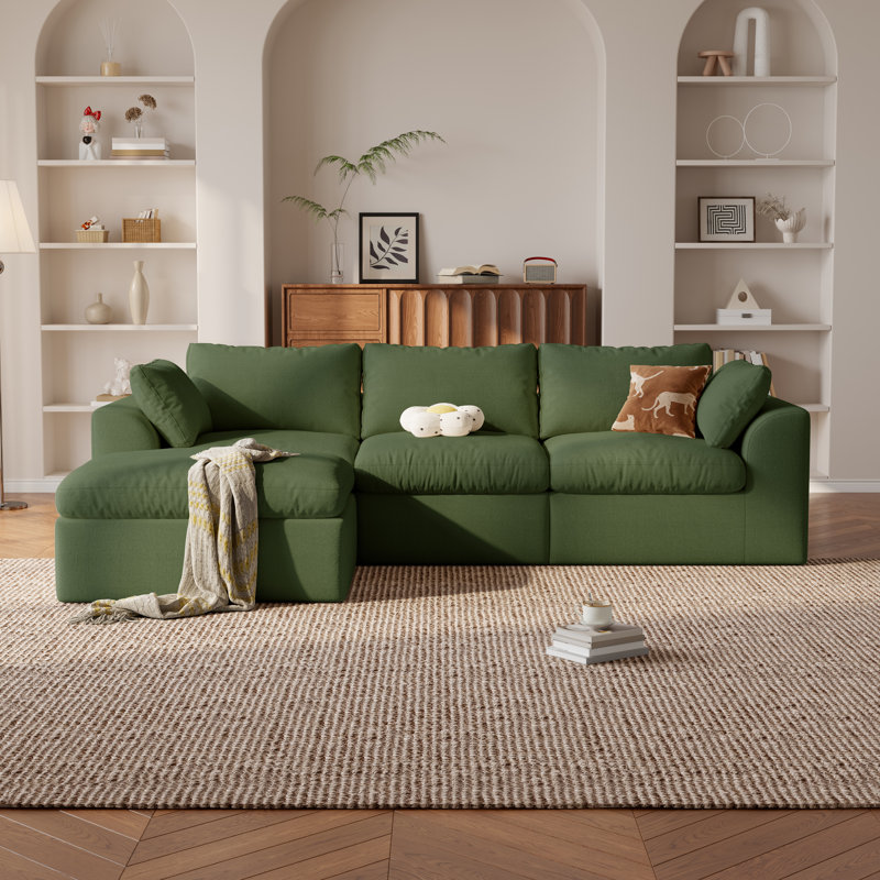 Canapé d'angle en forme de L 108 po Cloud sans ossature avec pouf, canapé modulable 4 places à assise profonde en tissu mousse bicolore, aucun assemblage requis pour le salon (vert)