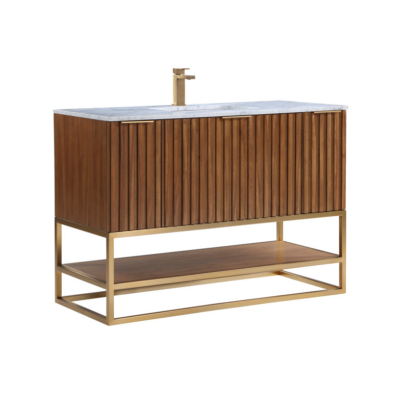 Terra 48'' Single Bathroom Vanity with Top, Carrara Marble/Single Faucet Mount, Walnut, Satin Brass