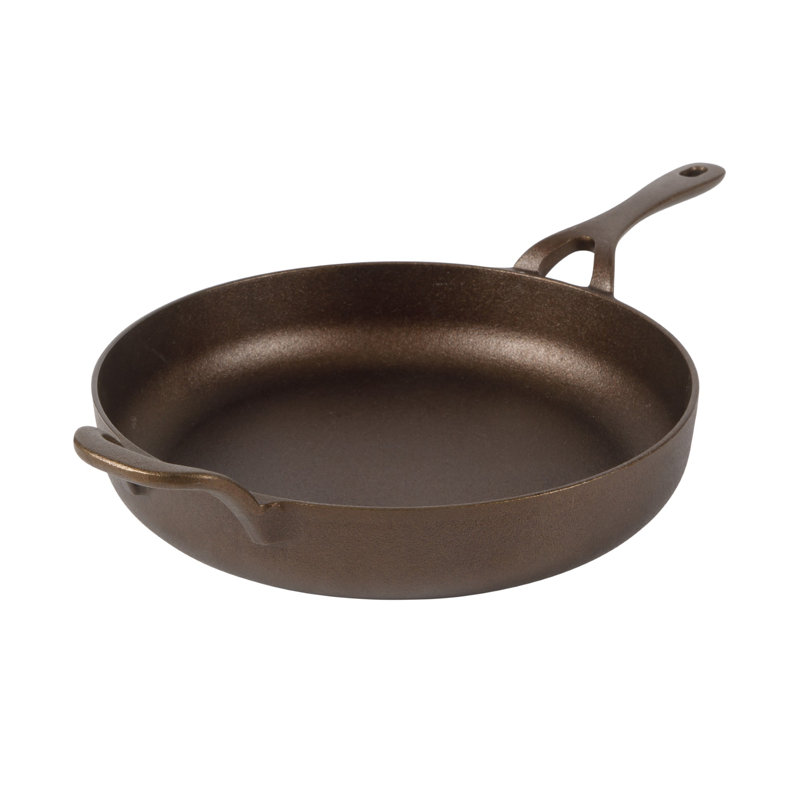 Poêle à frire en fonte à finition bronze naturel 12 po avec poignée longue et poignée en bois d'olivier Bloomhouse, 10"