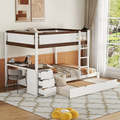 Lit superposé double avec lit gigogne simple, rangement et bureau, blanc et noyer