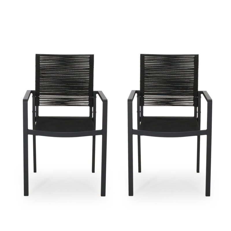 Outdoor Modern Aluminum Dining Chair With Rope Seat (Set Of 2), Black