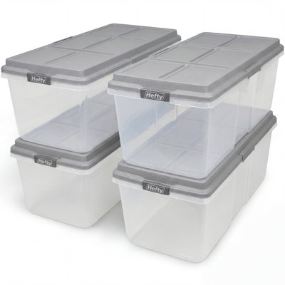 Paquet de 4 bacs de rangement en plastique avec couvercles Hefty Hi-RISE 113 pte, gris ciment