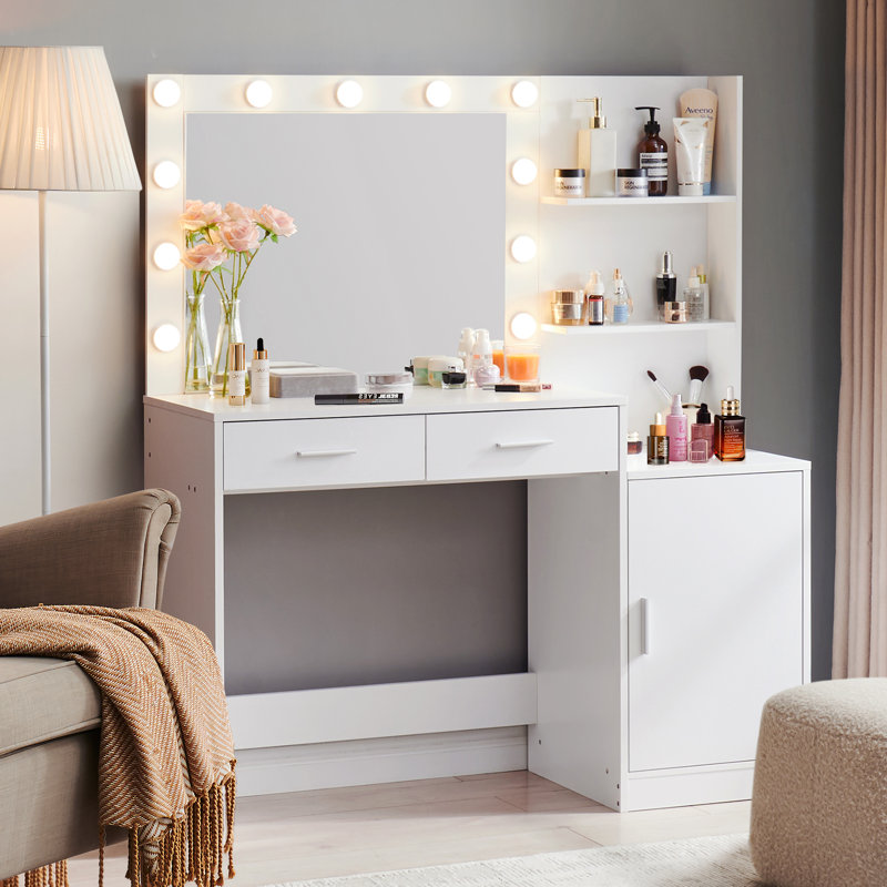 Dumt Vanity Desk with Mirror and Lights, Dressing Table with 2 Large Drawer&Large Vertical Organizer, 3 Level Dresser & 3 Lighting Modes Adjustable Brightness