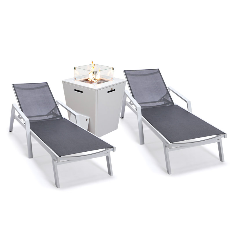 Outdoor Aluminum Chaise Lounge Armchair with Fire Pit Side Table, Black