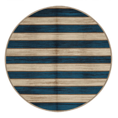 Washable Steel Blue Cream Striped Area Rug