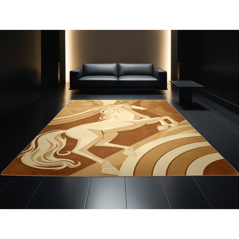 Machine Washable Pavli Unicorn Art Deco Arc Rug in Brown – Beige Binding, 5x7