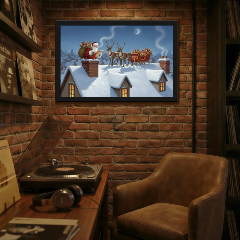 Père Noël de Noël sur le toit avec des rennes et un traîneau, H 16 po x l 24 po