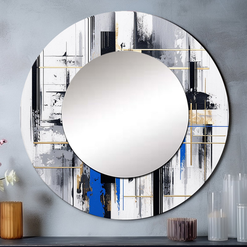 Blue Gold Bold Stripes II - Cubism Round Mirror 36 Inch, 29" x 29"