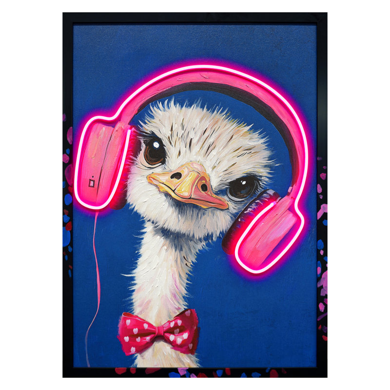 «Whimsical Musical Neon Ostrich», art mural sur toile néon - 21 po x 29 po - cadre noir