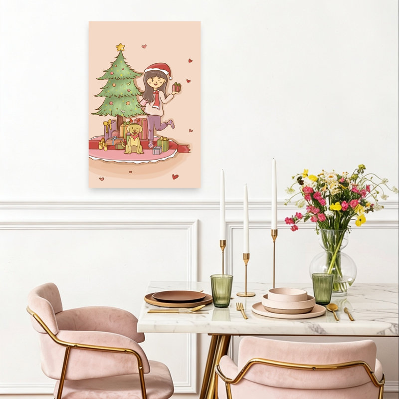 Christmas Girl And Dog Abstract Contemporary Christmas Tree Dog Winter Landscape Wall Art Print 1 Piece Wrapped Canvas Wall Art