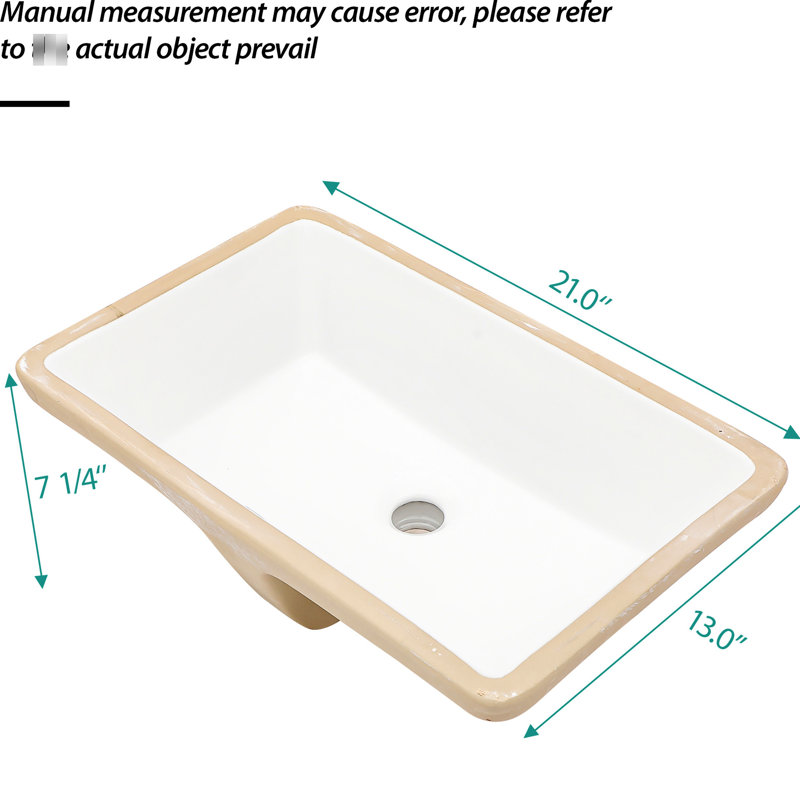 Lavabo de salle de bain rectangulaire en céramique blanche 21 x 13 x 7,29 po, résistance aux acides, surface lisse à faible absorption d'eau, teinture, ajoute de l'espace à