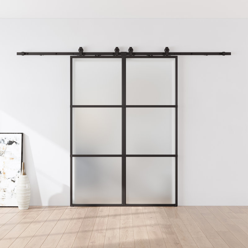 Porte de grange double coulissante en métal et en verre avec quincaillerie d'installation (fermeture en douceur incluse)