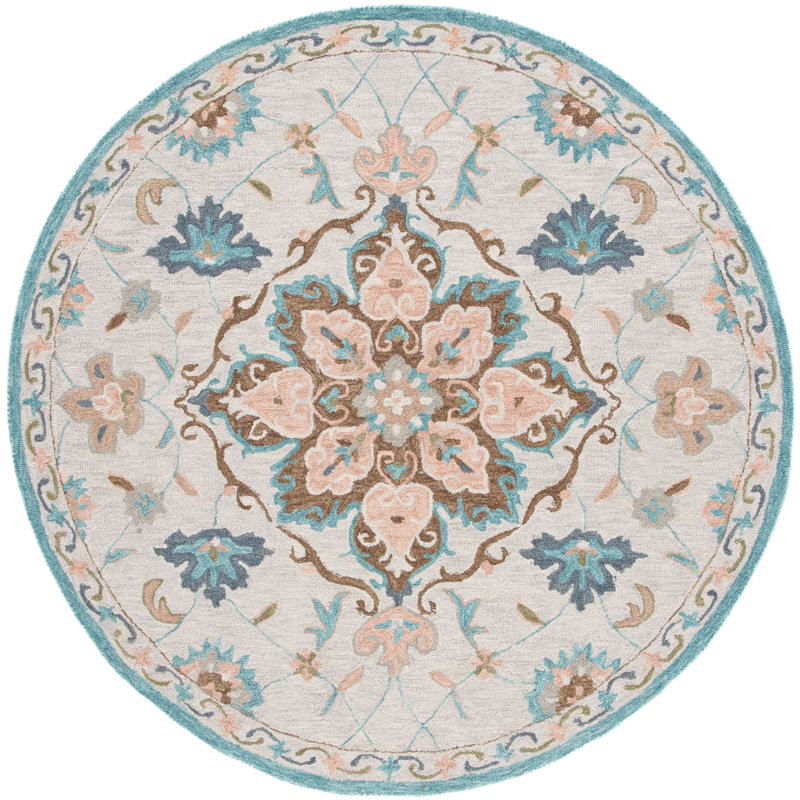 Kardell Blossom Hand Tufted Wool Cotton Floral Rug in Blue/Beige, Round 6'