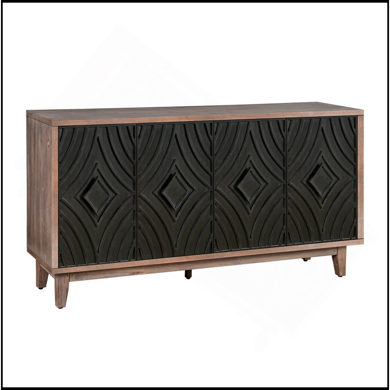 Buffet de style Mid-Century avec pieds en bois massif, crédence de 60 po avec 4 portes à losanges et 2 tablettes décoratives pour le salon, etc.